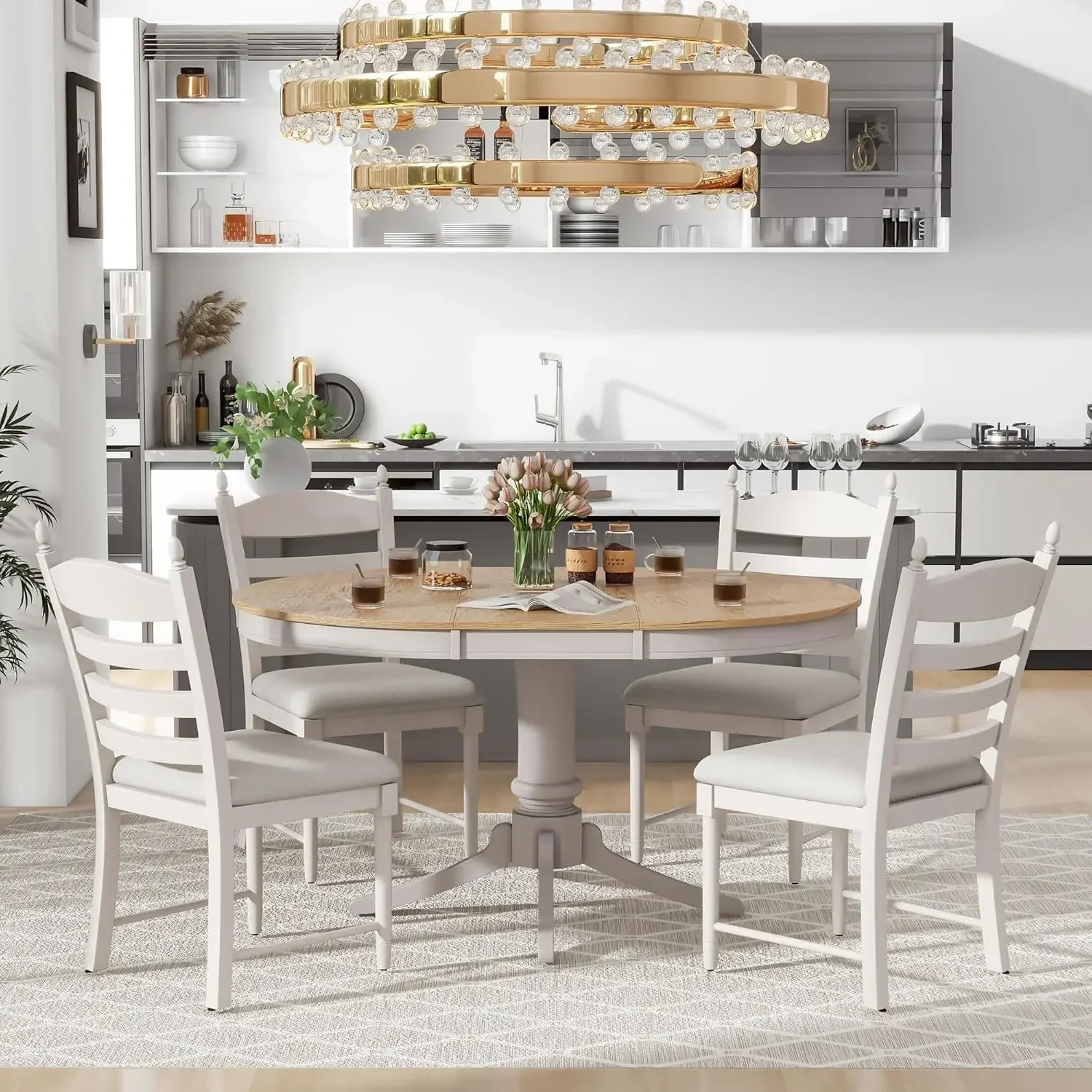 Solid Wood Extendable Round Dining Table Set with Chairs of 4,5 Piece Round Kitchen Dining Room Table Set with Extendable Table