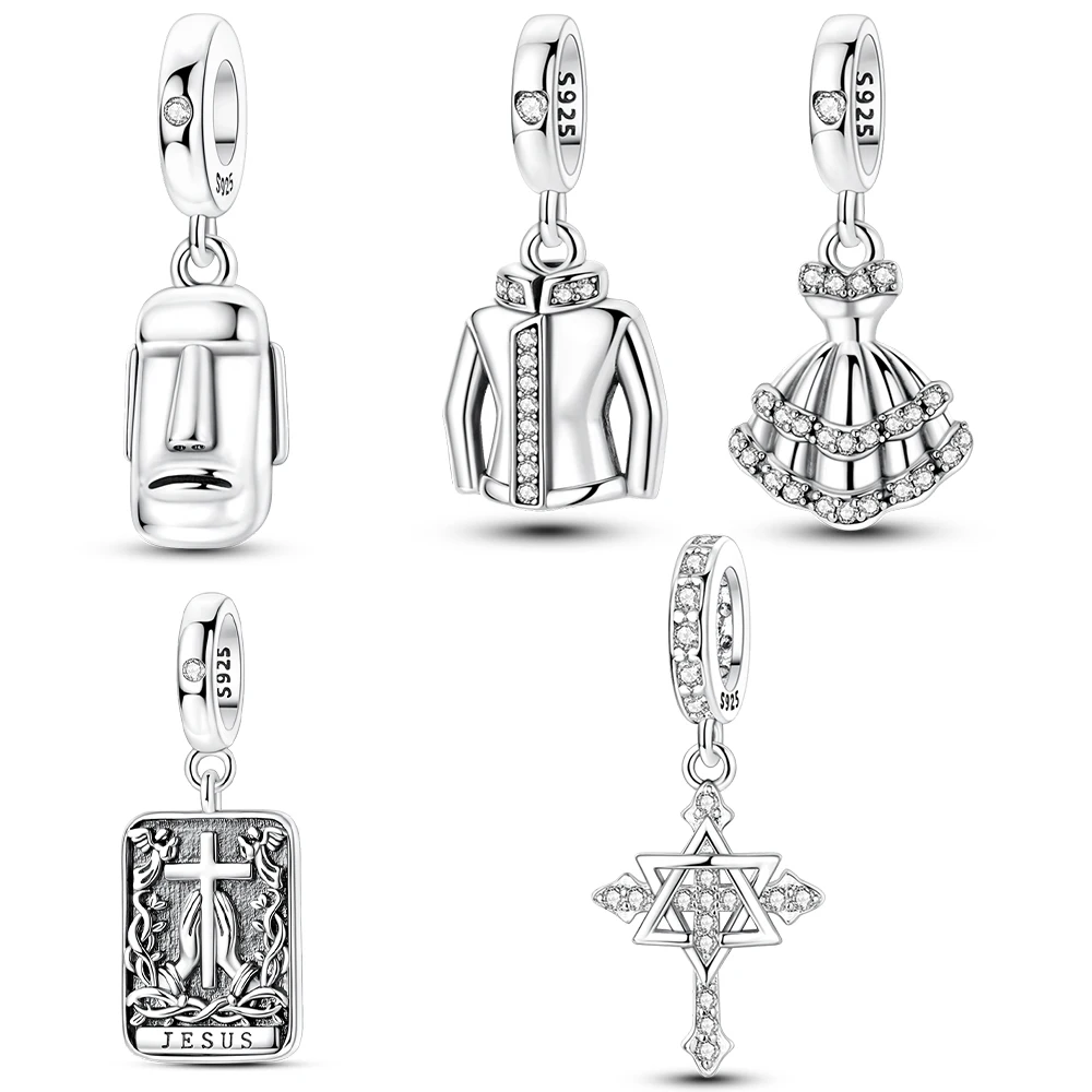 Exquisite 925 Sterling Silver Moai Stone Statue&Hexagram Cross&Dress Set&Prayer Plaque Pendant Fit Brand Bracelet Lucky Jewelry