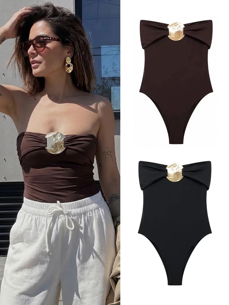 

HH 2026 Women Vintage Solid Bodysuits Sequined Decoration Slim Jumpsuit Backless Strapless Top Sexy Lady Swimwear Bodysuit