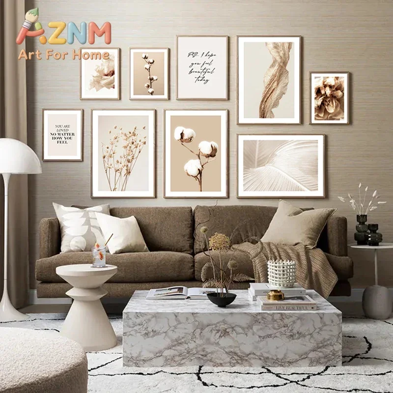 Warm Neutral Dried Floral Botanical 2D Flat, Frameless , Modern Boho Decor,  Cotton Flower Feather