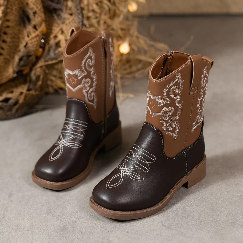 Children's Fashion Cowboy Booties Dark Light Brown PU Leather Stylish Stitching Embroidery Easy - Zip Design Kids Shoes for Girl