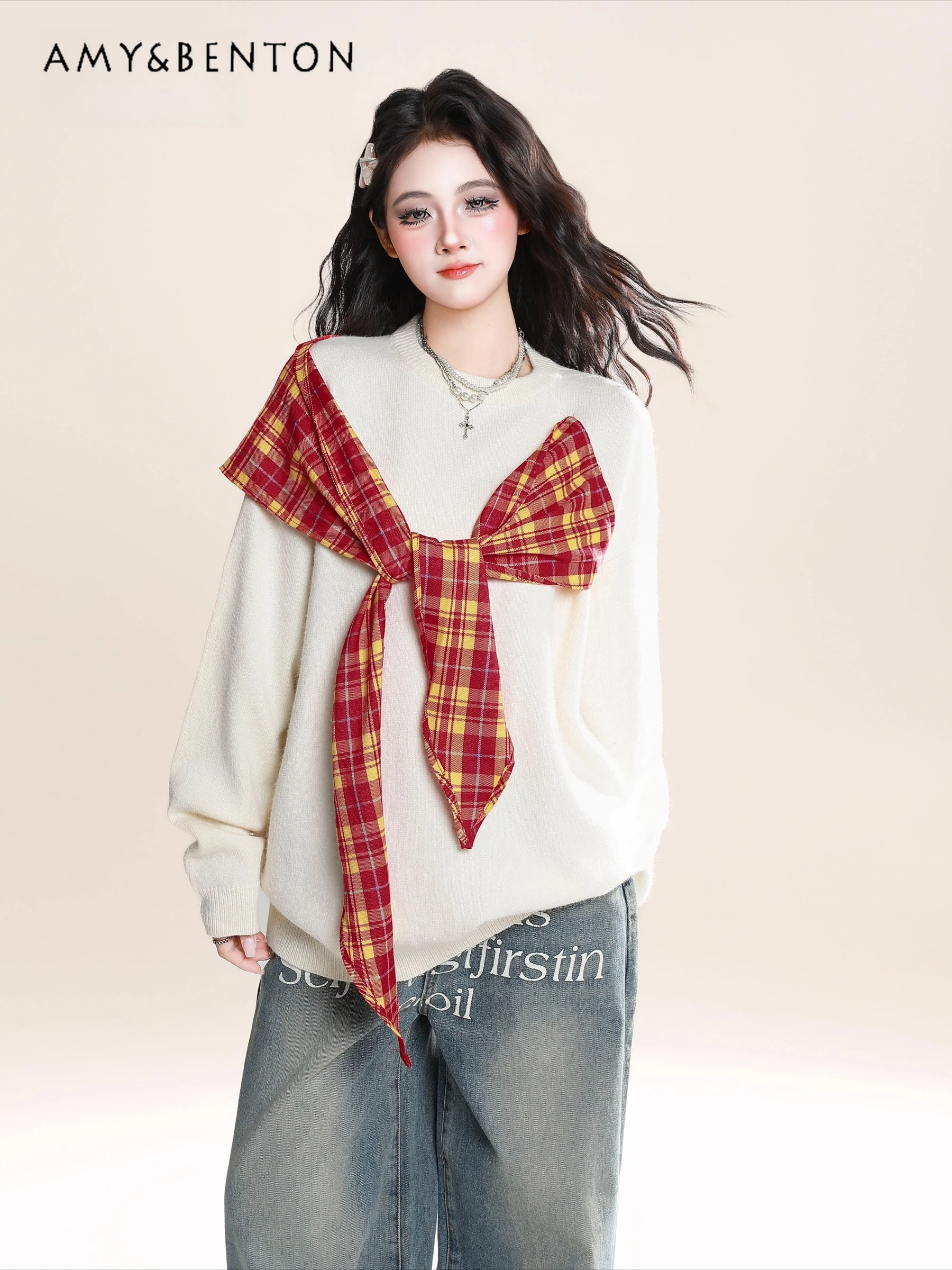 

2025 Spring and Autumn New American Style Apricot Fake Two-Piece Plaid Patchwork Scarf Sweater Gray Loose Soft Knitted Top
