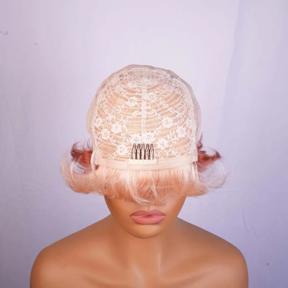 Розовый короткий парик из натуральных волос, парик с стрижкой пикси с челкой, человеческие волосы Remy, машинное производство, парики для чернокожих женщин