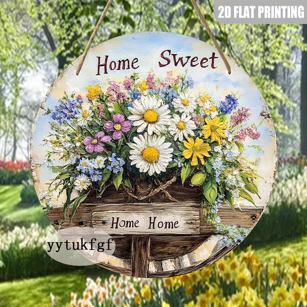 2D flach, 1 Stück Daisy Wheel Sweet Home Wanddekoration – 20,3 x 20,3 cm rustikales rundes Holzschild mit lebendigem Blumenmuster, recyceltem Künstlich