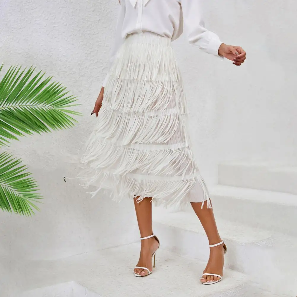 Women Skirt Stylish Women's Midi Skirt with Elastic Waist Fringed Detail A-line Silhouette for Leisure Beach Daily Wear Fringed