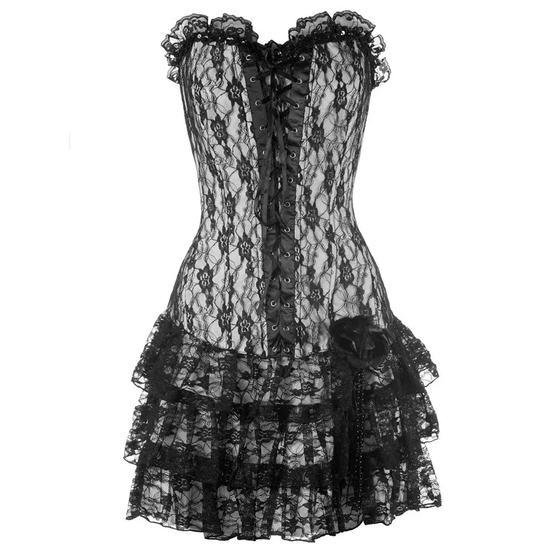 Women Sexy Lace Vintage Corset Dress Gothic Front Tie-up Corset Bustier Top With Lace Skirt Sets Showgirl Burlesque Costume Dres