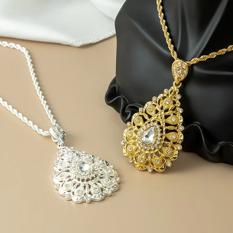 

Fatima Morocco Water Drop Rhinestone Pendant with Slid Chain Gold Plated Women Necklace Ethnic Wedding Jewelry Bridal Gifts