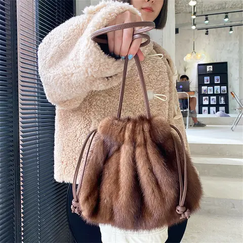 Luxury Women's Drawstring Mink Fur Bag 2026 High Quality Natural Mink Fur Small Crossbody Bags For Woman Soft Plush Shoulder Bag