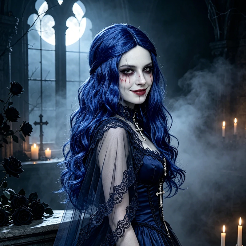 Bright Blue Half Up Long Wavy Wig Synthetic Hair Middle Part Anime Cosplay Halloween Costume Party Full Wigs for Women Girls image 2