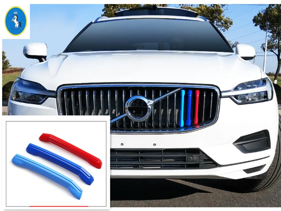 Car Tricolor Front Grille Grill Decor Stripes Sticker Cover Trim For Volvo XC60 2018 2019 2020 2021 Plastic Exterior Accessories