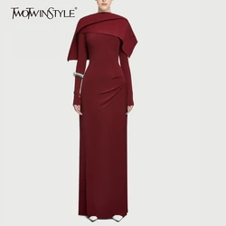 TWOTWINSTYLE Solid Slimming Spliced Shawl Fashion Dresses for Women Round Neck Long Sleeves Patchwork Fold Dress Female Clothing