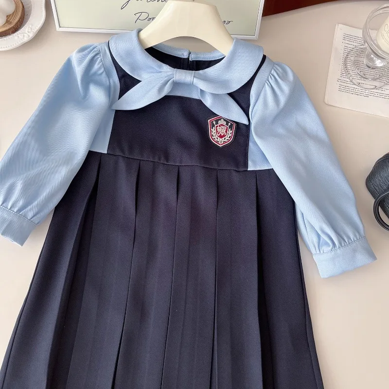 Vestido de manga larga con lazo para niña pequeña, uniforme escolar coreano de 2 a 7 años, para primavera y otoño