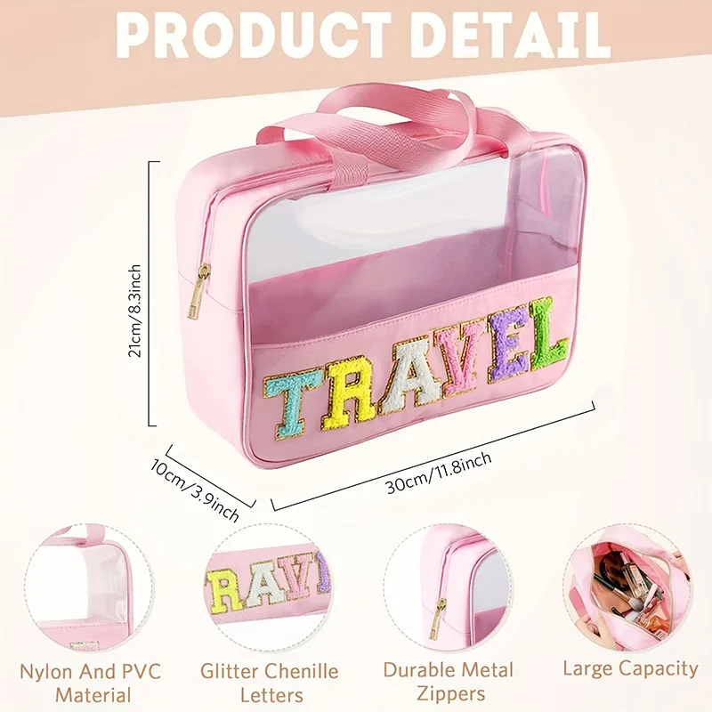 Preppy Clear TRAVEL Makeup Bags with Chenille Letter STUFF Patches Large Clear Make up Bag Zipper Pouch with Handle