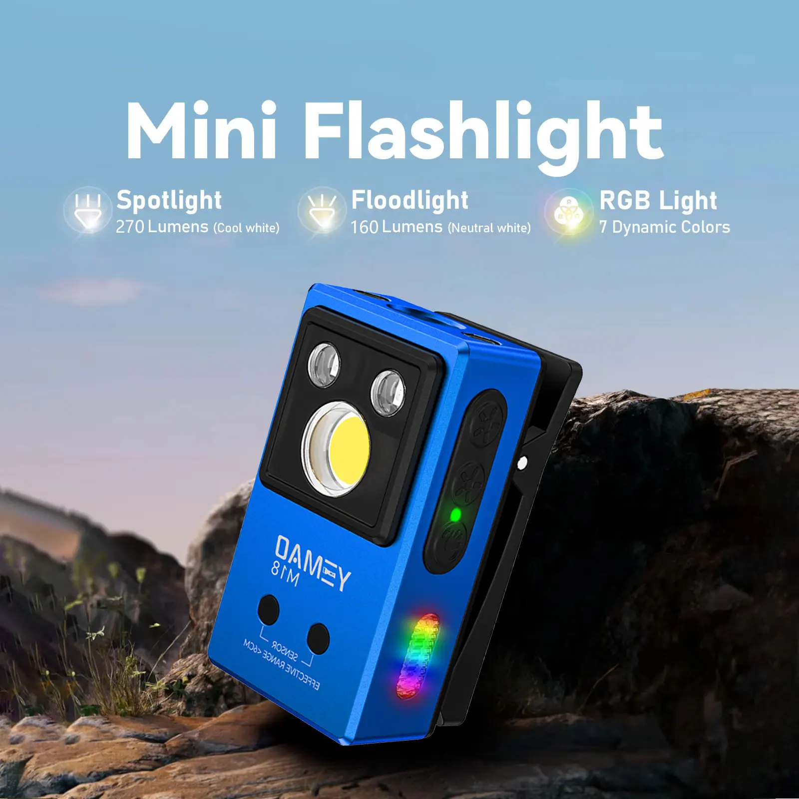 YEMAO M18blue كليب ضوء 270LM USB C قابلة للشحن جيب مصباح يدوي أضواء كاشفة صغيرة/الضوء الكاشف المحمولة EDC RGB الشعلة مع المغناطيس