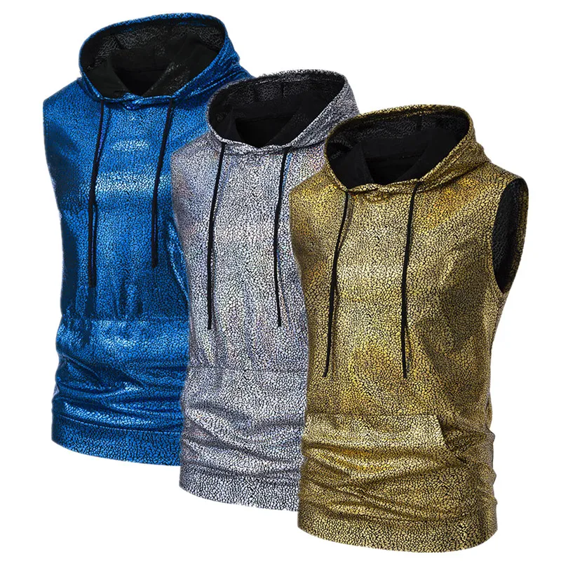 New Men Hot Stamping Hooded Short-sleeved Sports Tank Tops Gold Silver Blue Fashion Singer Stage Performance T-shirt