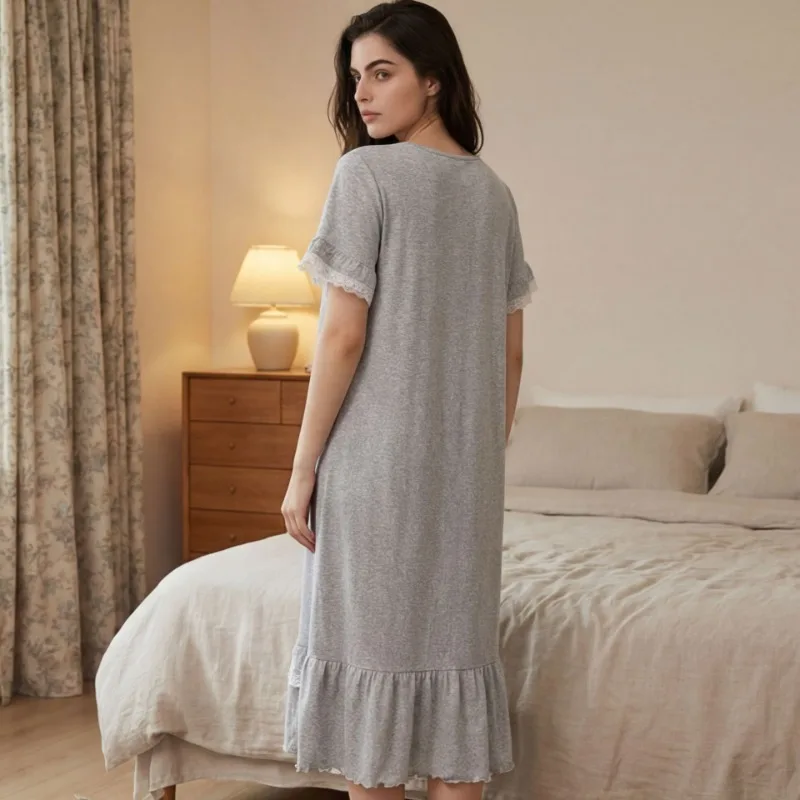 Soft and Sweet Wind Short-sleeved Women's Nightdress Wavy Edge Cuffs Skirt Loose Medium and Long Version Pajamas 2026