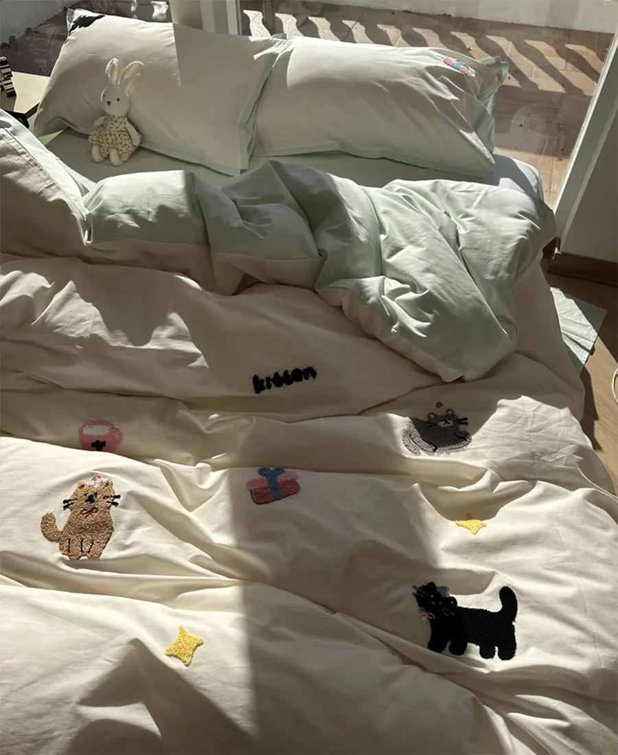 Cute cartoon embroidery cat bear rabbit bedding set,twin full queen king cotton home textile bed sheet pillow case quilt cover