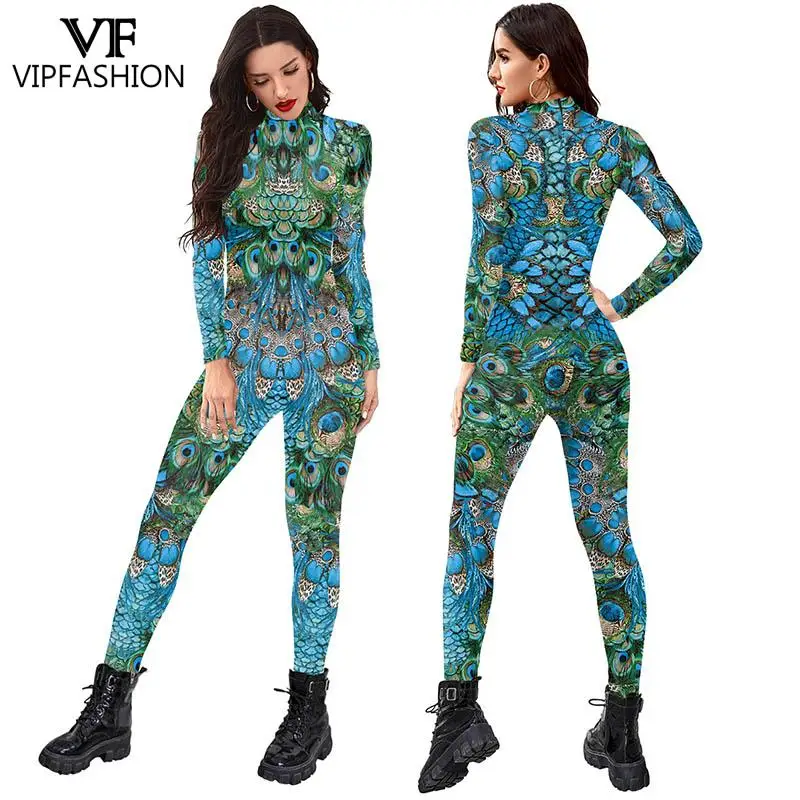 VIP FASHION Peacock Feathers Jumpsuit Women Animal Cosplay Costume Carnival Bodysuit 3D Printing Skinny Catsuit Party Outfit