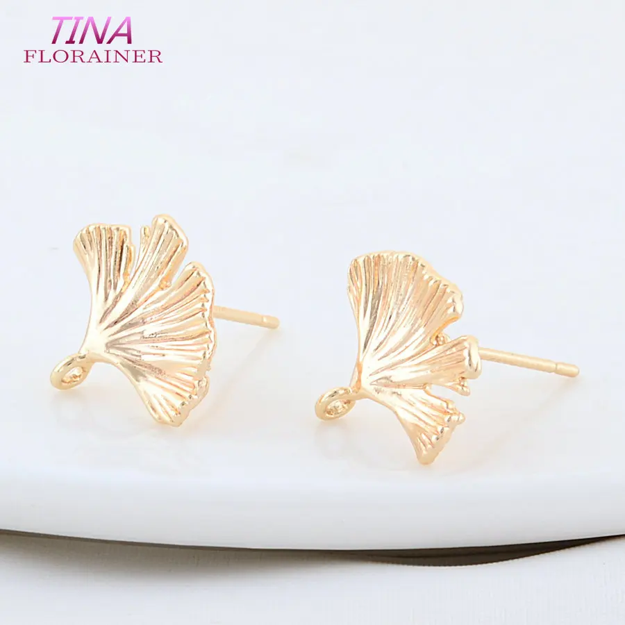 6PCS 12*14MM 18K Real Gold Plated Brass Leaf Leaves Stud Earrings High Quality DIY Earring Jewelry Making Finding Accessories