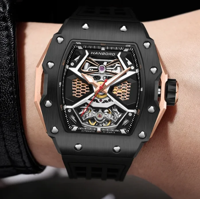 هانبورو ساعة أوتوماتيكية للرجال 43 مللي متر ساعة يد ميكانيكية مضيئة الهيكل العظمي الهاتفي تونيو حافظة مطاط مقاوم للماء حزام