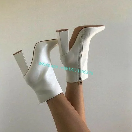 Mid-calf Pointy Toe Block High Heel Boots Sexy Luxury Women Side Zip Leather Block High Heel Ankle Boots Fashion Lady  Shoes