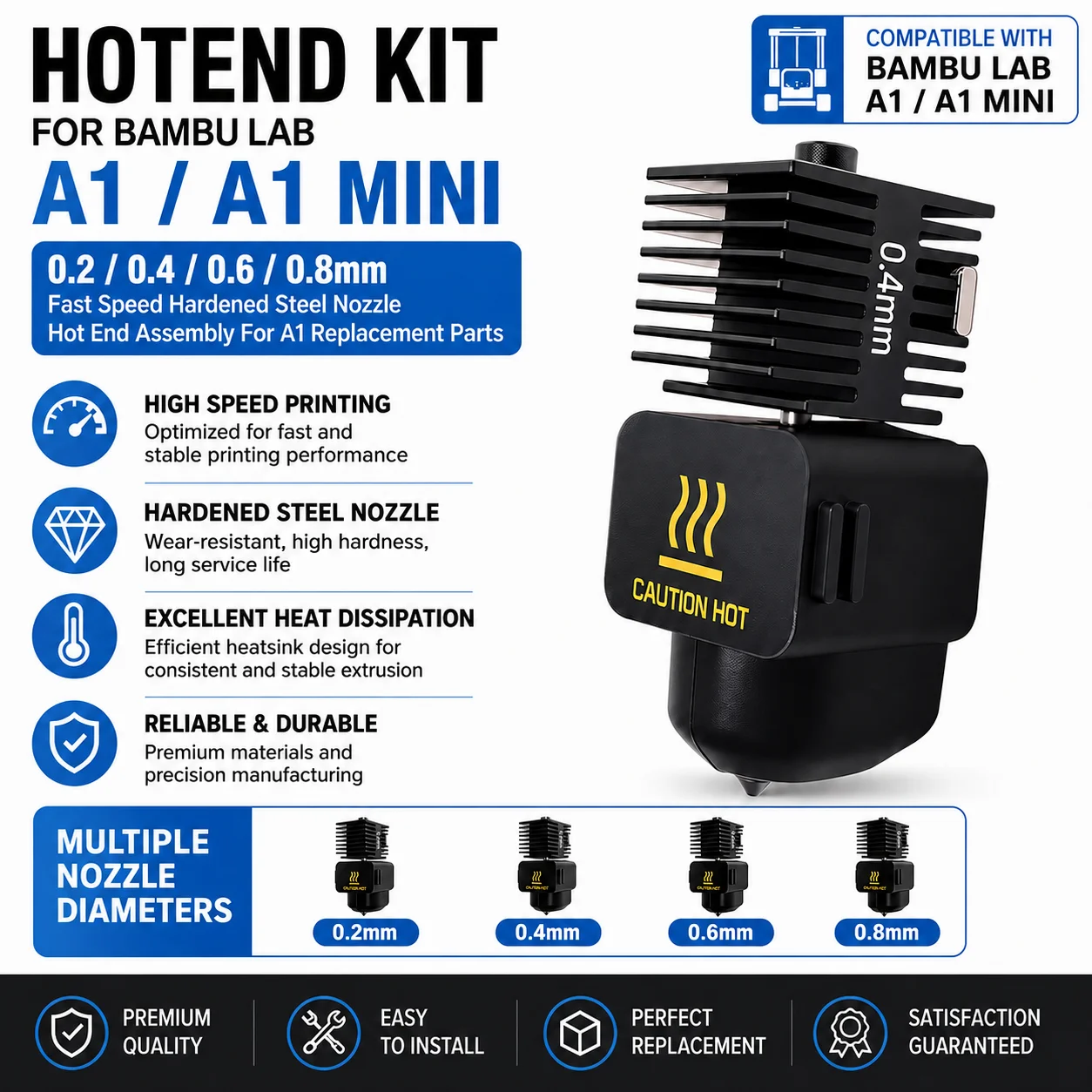 Hotend Kit For Bambu Lab A1/A1 Mini 0.2/0.4/0.6/0.8mm Fast Speed Hardened Steel Nozzle Hot End Assembly For A1 Replacement Parts