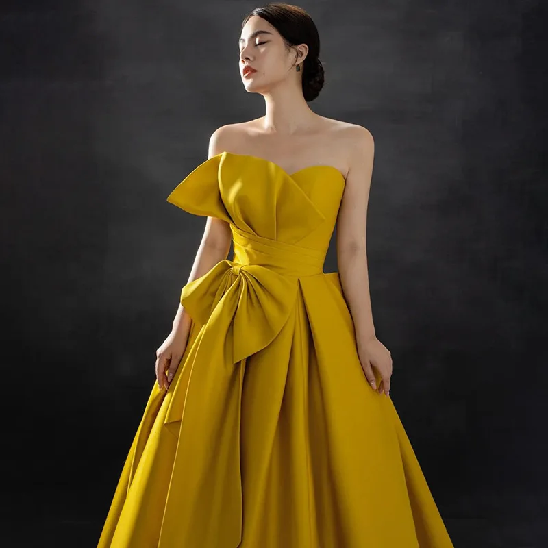 

Modern Gold Evening Pageant Dress Strapless Pleats Big Bow Satin A-line Floor Length Satin Prom Formal Party Gowns Birthday Gala