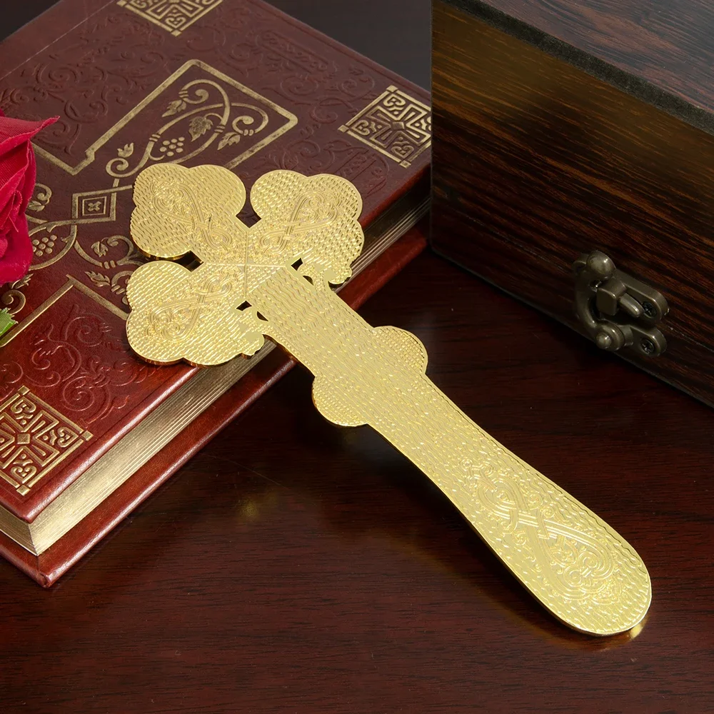 HTISOK Orthodoxes Kirchen-Handkreuz, vergoldet, bunt emailliert, Jesus-Kruzifix-Ikone, INRI-Kreuz für religiöse Rituale – Detail 9