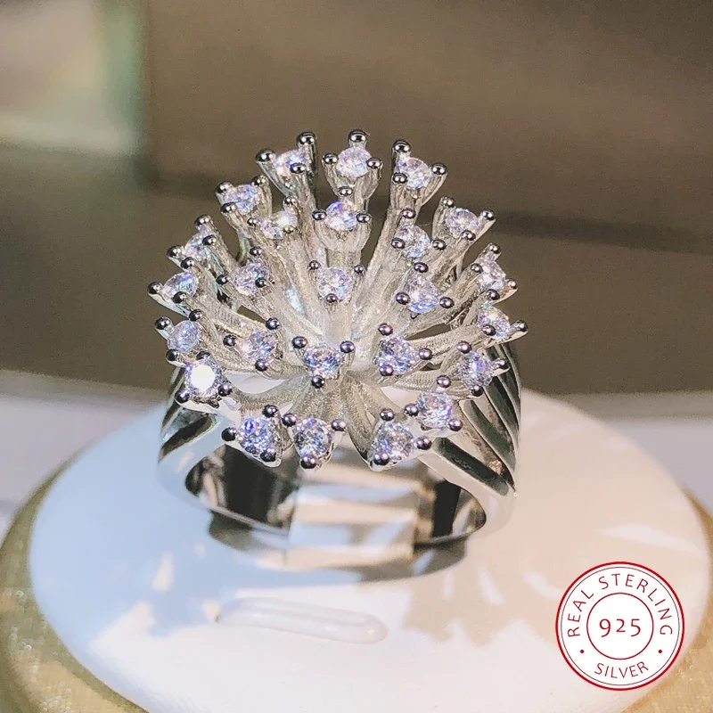 2024 New Sterling Silver Glittering Zircon Dandelion Ring Ladies Three Claw Zircon Ring Party Birthday Fashion Jewelry Gift