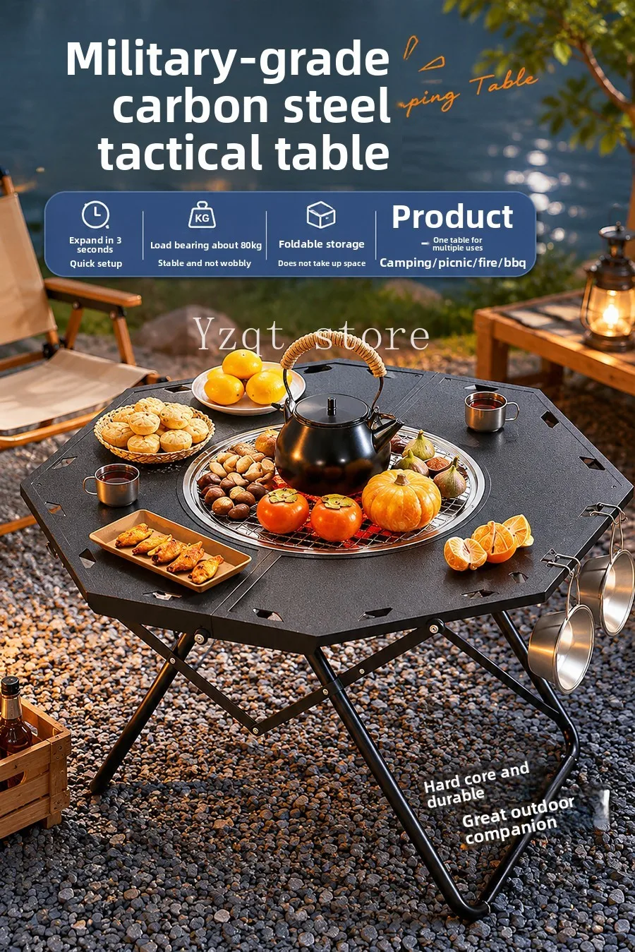 Outdoor folding camping table tactical table set table utensils outdoor barbecue skewers charcoal fire charcoal grill barbecue