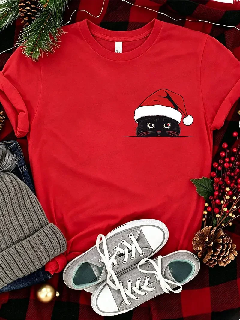 Men Women Santa Hat Black Cat Peeking Kitten Pocket Tshirt Kitten Graphic Short Sleeve Tee Christmas Holiday Casual Shirts Gift