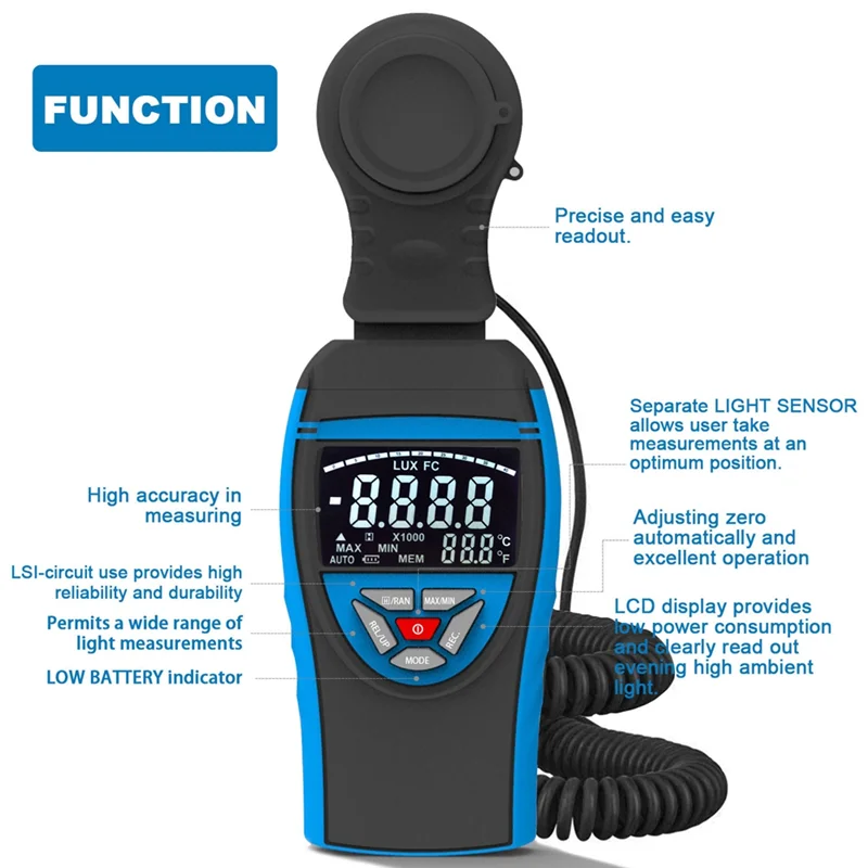 A26F-Тестер светового флюса, высокоточный измеритель освещенности, диапазон измерения 1–400 000 люкс для измерения интенсивности света