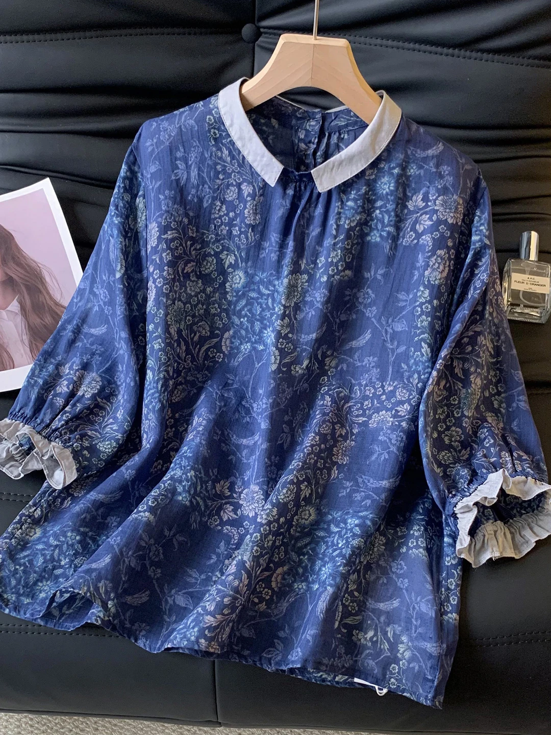 

Summer New Loose Floral Print irt Thin Transparent Splicing Design Five-Quarter Sve Turn-down Collar Top for plus Size W...