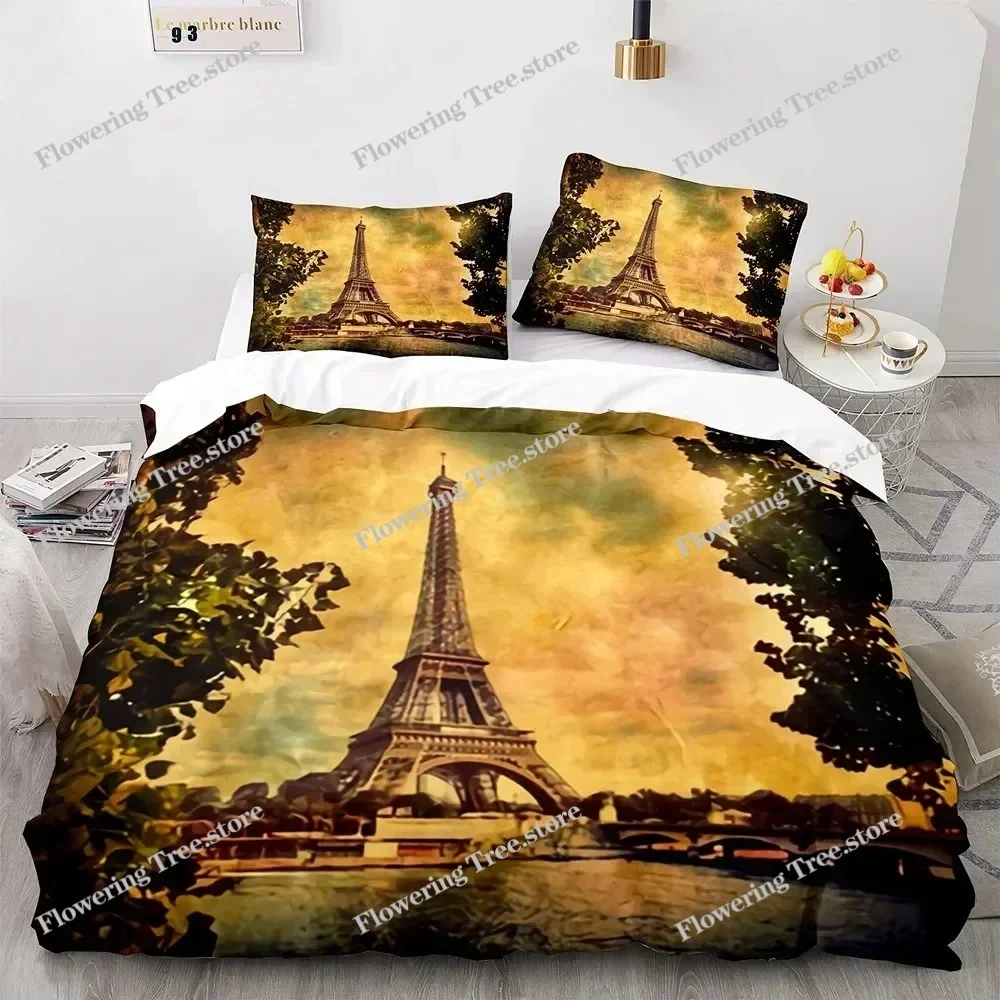 Eiffel Tower Duvet Cover Set King Size Paris Cityscape Twin Bedding Set Polyester Comforter Cover Boys Girls