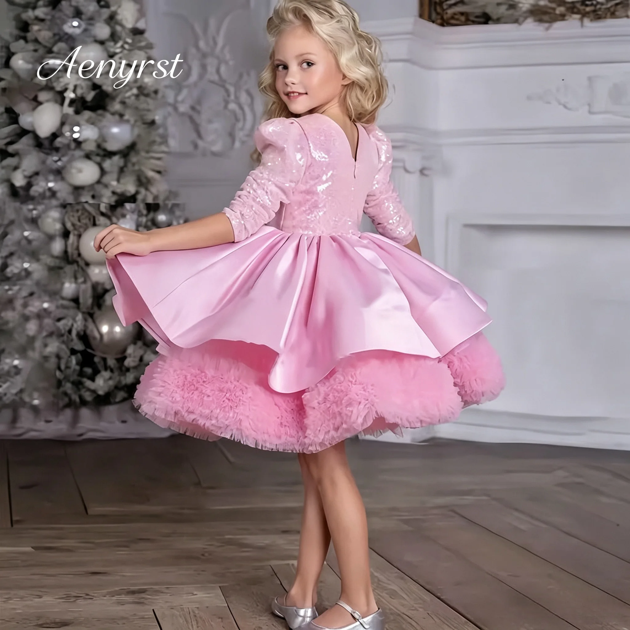 Cute Glam Sequin Kids Formal Gown Square Neck 3/4 Puff Sleeve Big Bow Fluffy Tulle Hem Short Dress For Holiday Birthday Party