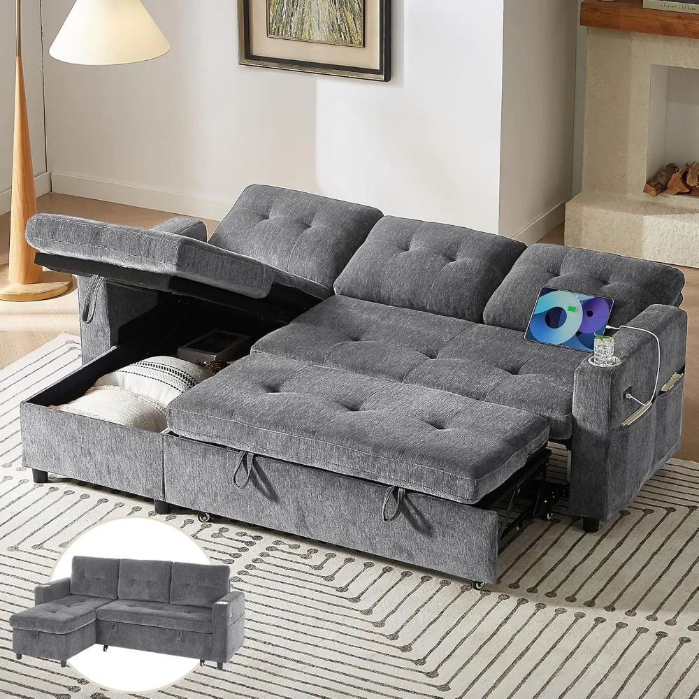 أريكة ONBRILL النائمة، أريكة سرير مقطعية على شكل حرف L مع كرسي تخزين، مجموعة خالية من الأدوات، أريكة قابلة للعكس 3 في 1 قابلة للسحب، أريكة