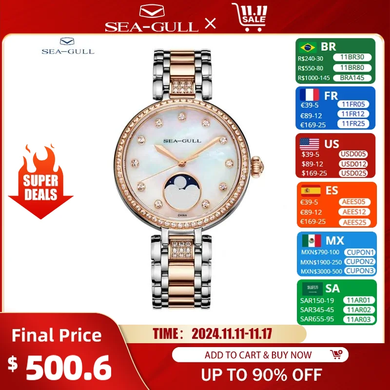 2022 NEW Seagull Women's Watch Moon Phase Diamond Point Scale Fashion Casual Automatic Mechanical Watch 717.15.6135L