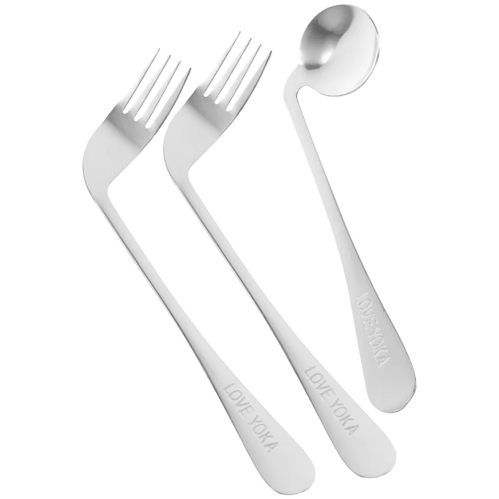 Curved Spoon and Fork Tableware Elbow Food Patients Angled Plate Silver Stainless Steel