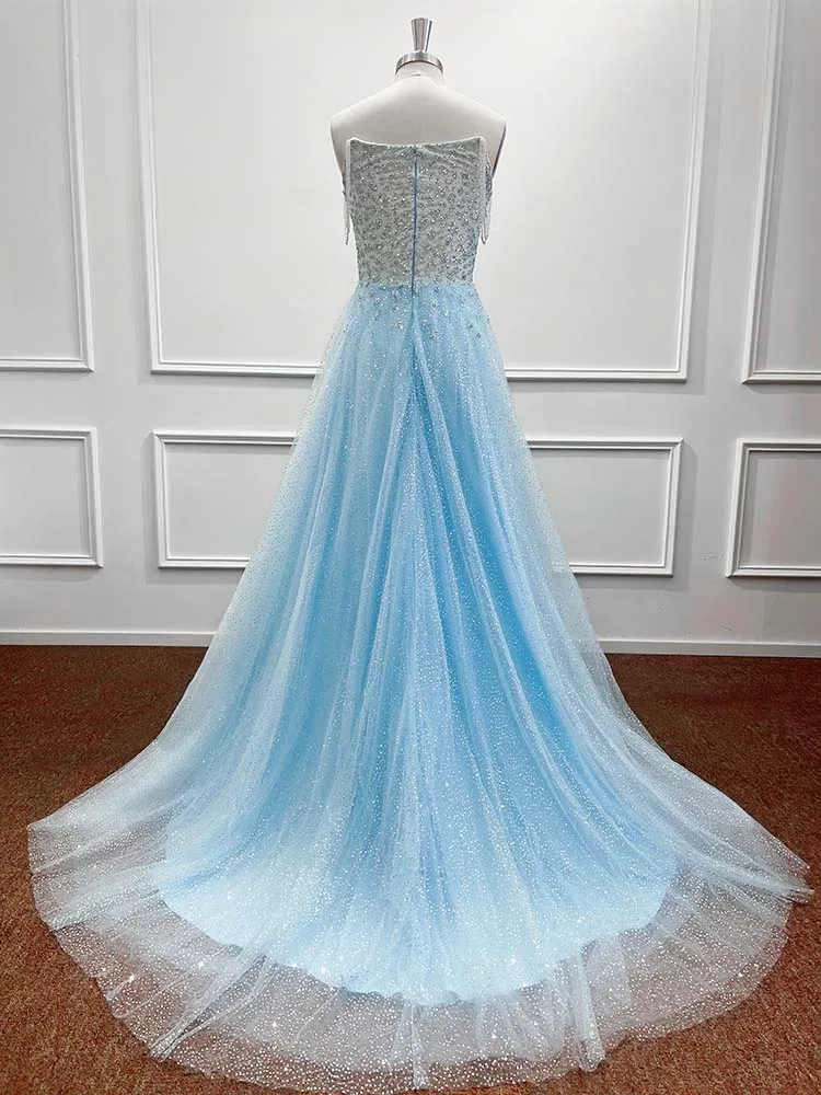 Blue Tulle Elegant Evening Dresses For Women 2024 Strapless A Line Beading Sequined Vestido De Fiesta Formal Wedding Party Gown