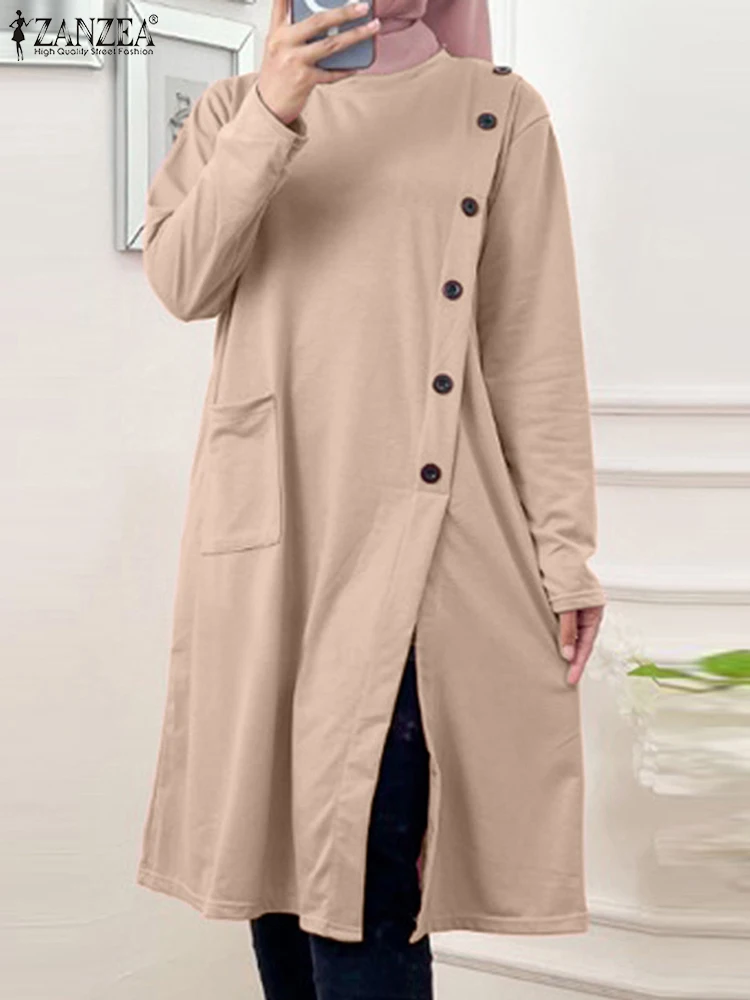

Autumn Blouses ZANZEA Women Muslim Long Tops Ramadan Abaya Vintage O Neck Long Sleeve Solid Shirt IsIamic Clothing Casual Blusas