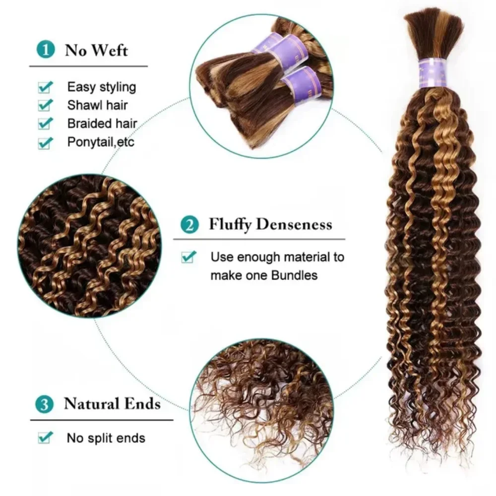 Human Braiding Hair for Boho Braids 2 Bundles Deep Wave Bulk Human Hair Braiding P4/27 Ombre Brown 18 Inch Brazilian Virgin Human Hair No Weft Curly Extensions for Braid
