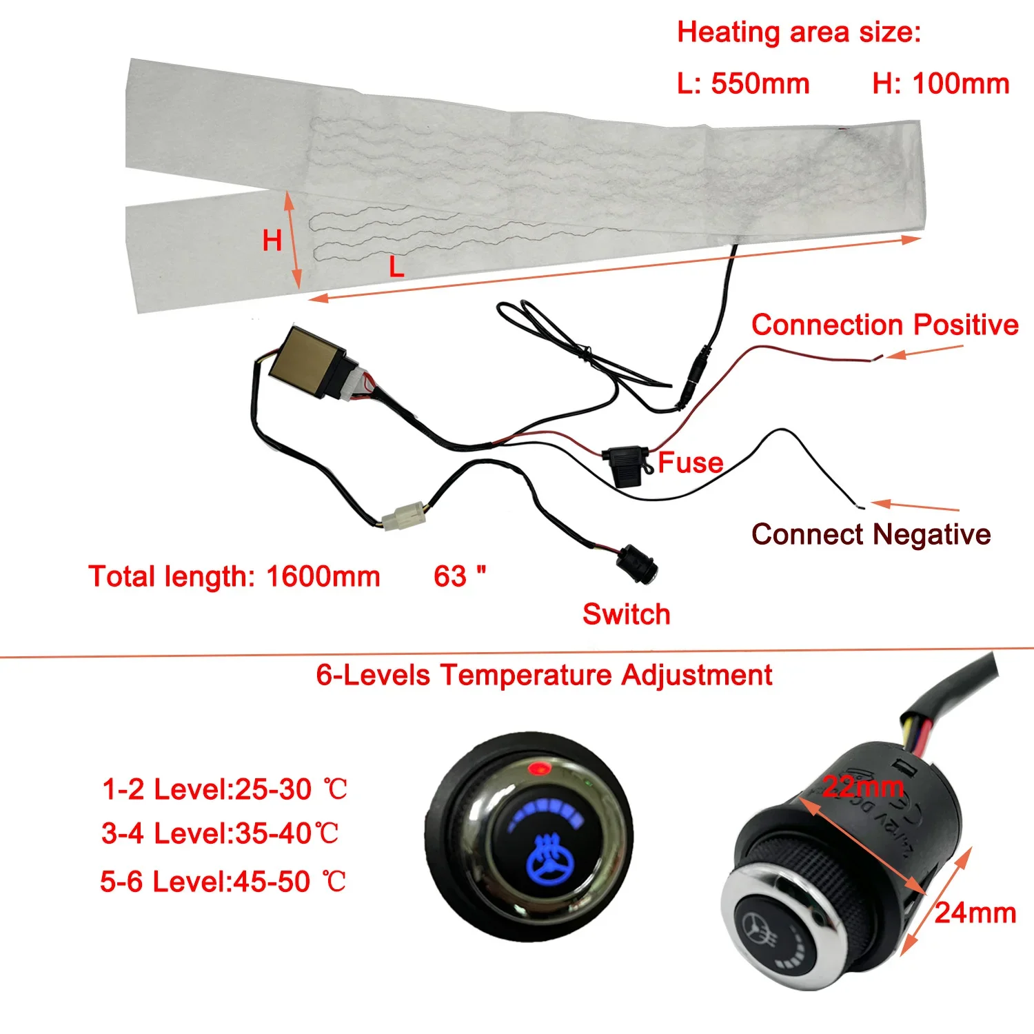 Built-in Car Steering Wheel Heater Kit Universal 12V Carbon Fiber Heat Pads Independent Switch Control System with Harness