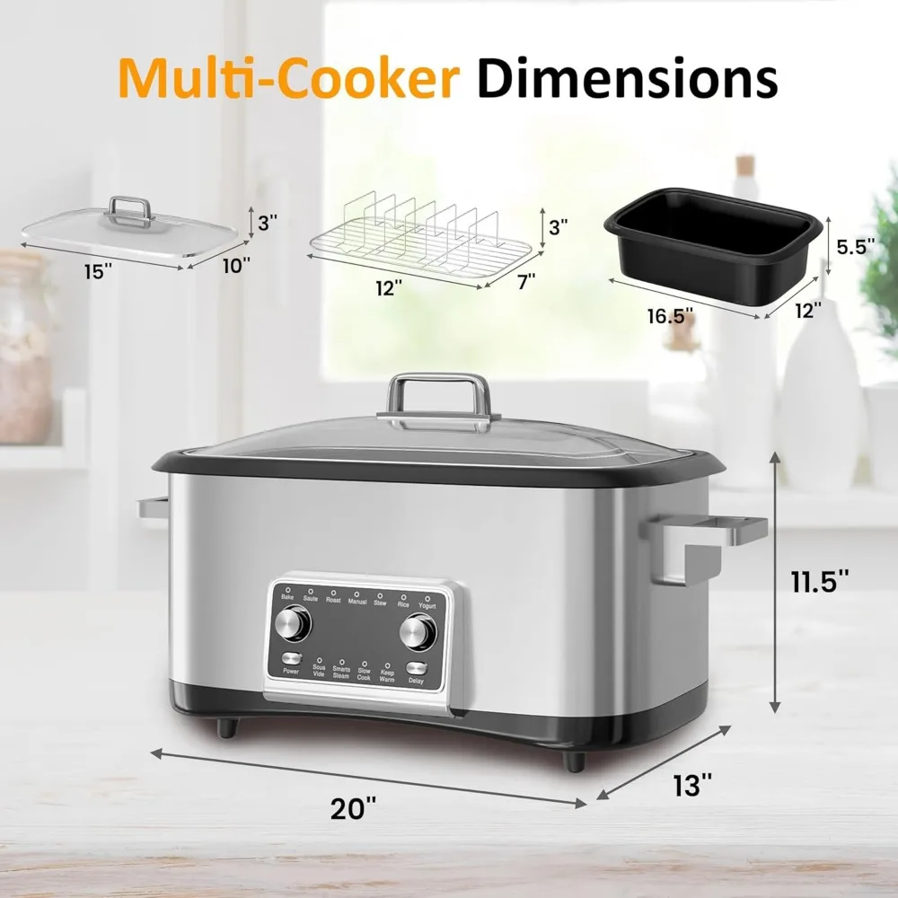 Slowcooker Van 8 Liter Met Timer, Temp-Regeling En Automatische Uitschakeling, Multi-Cooker, 12-In-1 Programmeerbare Slowcooker