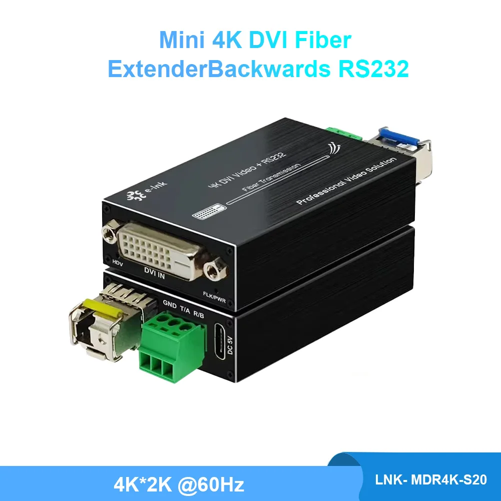

Mini 4K DVI Fiber Extender, 4K*2K@60Hz, with RS232/Stereo Audio, Single-Mode Fiber 20km, 5V DC, used in pair