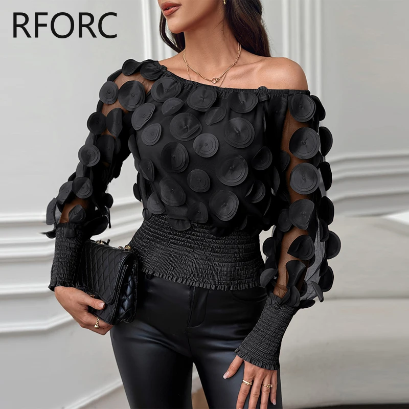 2024 Women Chic Diagonal Collar Three Dimensional Collar Pleated Solid Blouse Tops