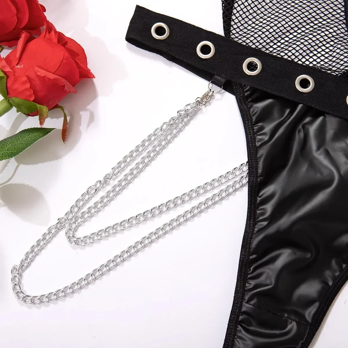 Black PU Leather Mesh See Through Skinny Bodysuit with Waist Chain Women Sexy Underwear Lingerie Romper Playsuit