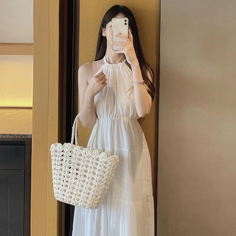 Korean Fashion French Off Shoulder Dress Pleated Lace-up Slim Fit Knee Length Dress Design Elegant Sleeveless Womens Dresses