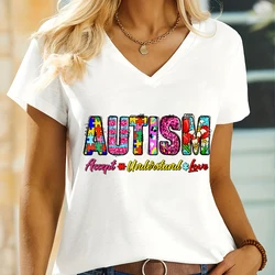 Retro Autism T-shirt Accept Understand Love Classic Tops Tees Woman T-shirts Autism Awareness Gift for Mom V-neck Summer Clothes
