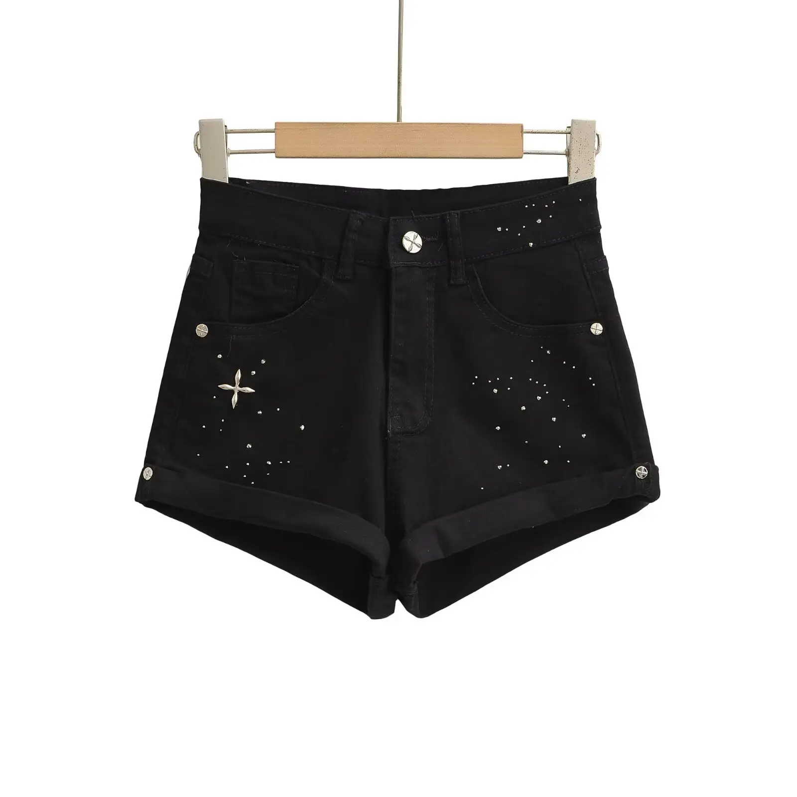 American Sle Spicy Girl Heavy Embellied Rhinestone Cuffed Denim Orts Dames Zomer Koreaanse Faion Veelzijdige wijde pijpen A-L...