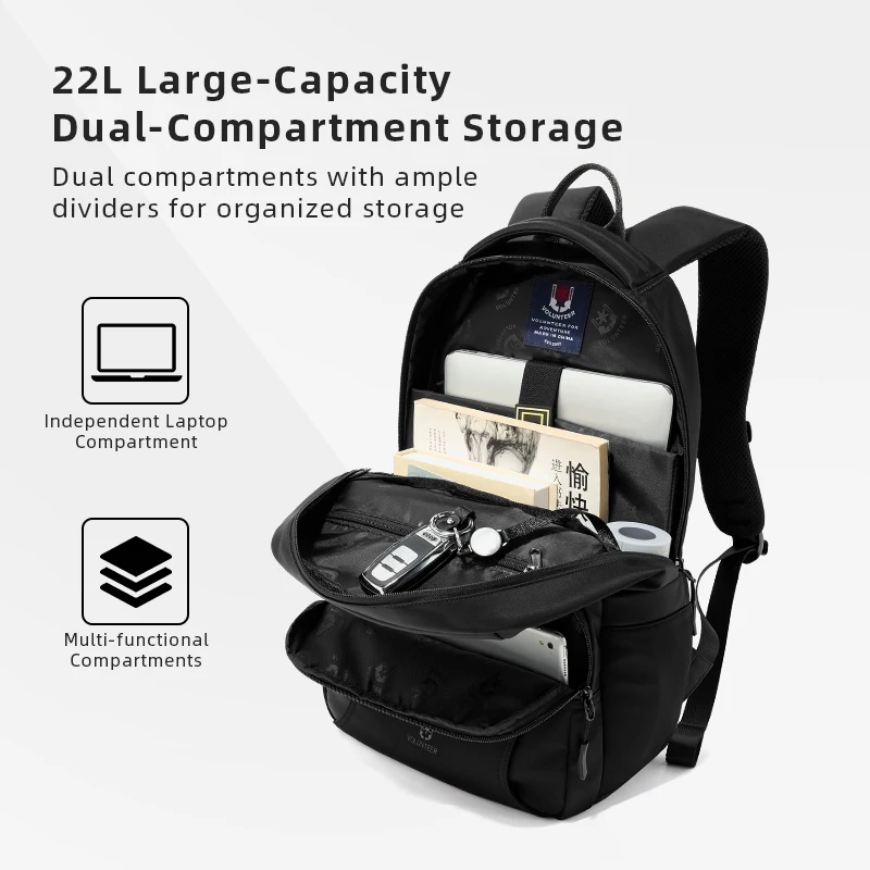 VOLUNTEER Men's Minimalist Backpack Lightweight Large Capacity Daypack Commuter College Bag Laptop for Work School 1890-09